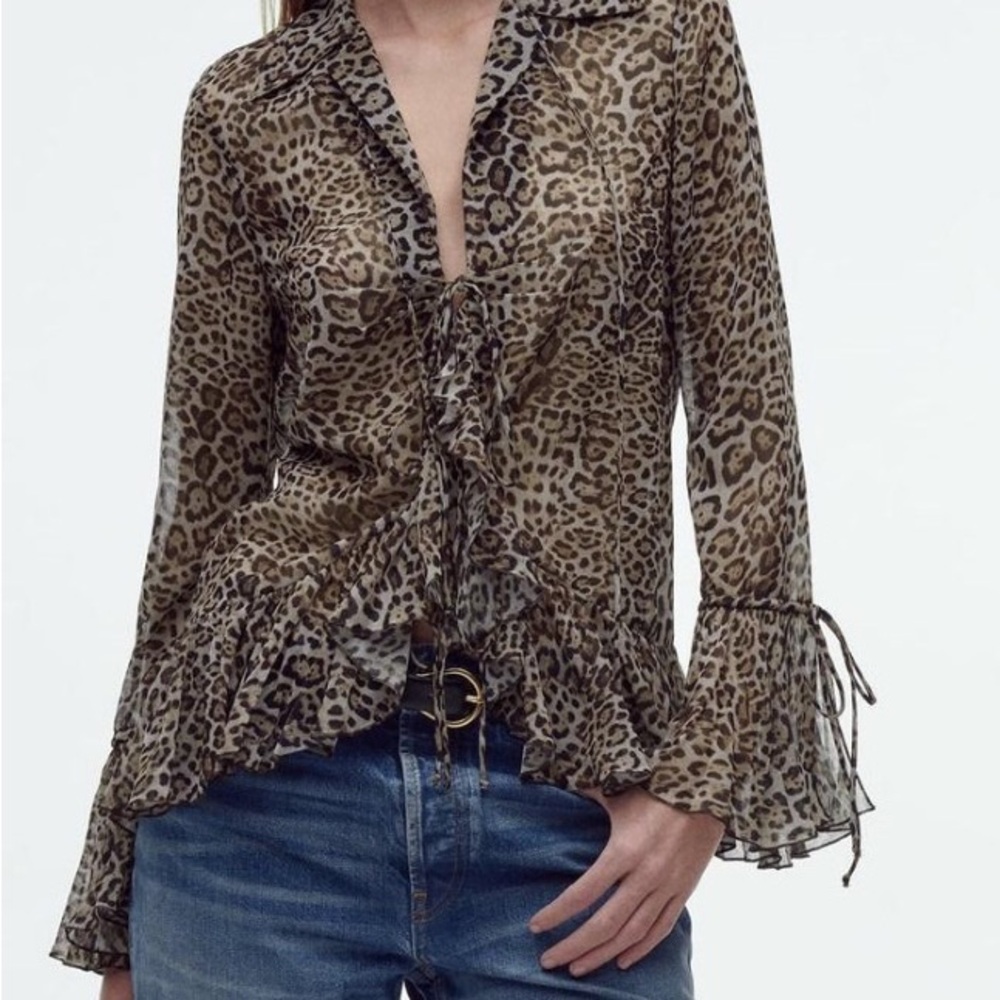 Zara Brown Bell Sleeve Blouse with Ruffled Design and Tie Front Large